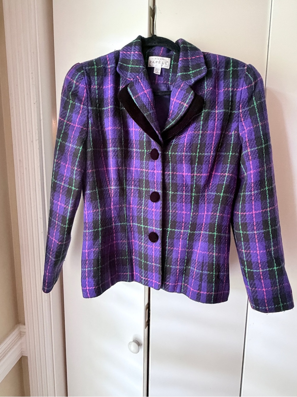Adrianna Papell Purple Plaid Velvet-Trim Blazer
